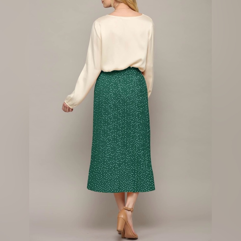 High Waist Polka Dot Pleated Midi Swing Skirt with Pockets -green - Picture 3 of 6